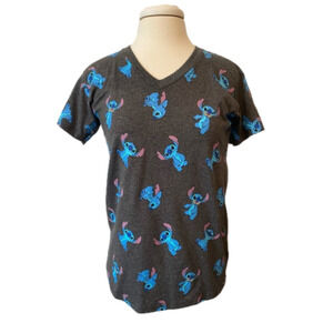 Disney‎ Womens S Lilo & Stitch Graphic V Neck Gray Casual Shirt Ohana Nostalgia